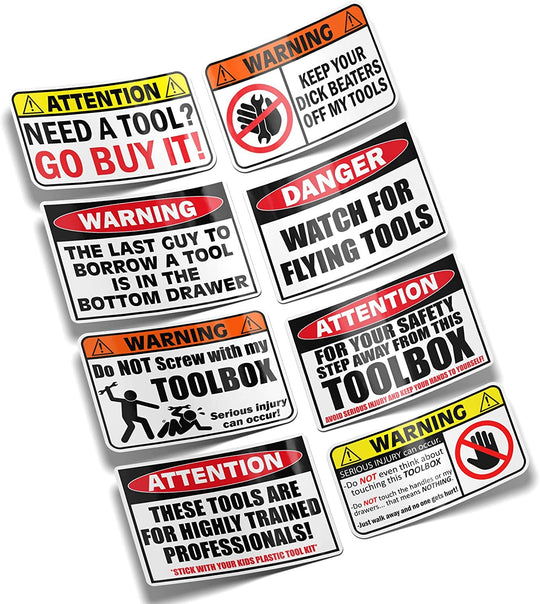 Toolbox Warning Funny Sticker Pack Set (8pcs) Vinyl Decal Racing Mechanic Worker